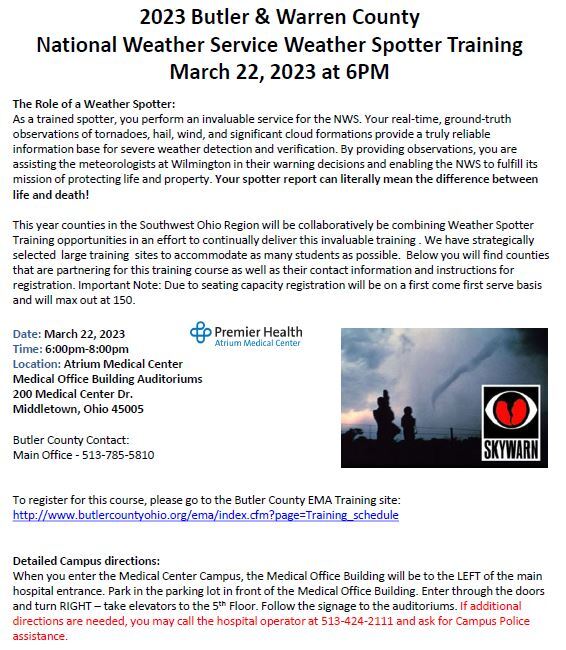 Weather Spotting flyer information for 3/22/23 at 6pm
